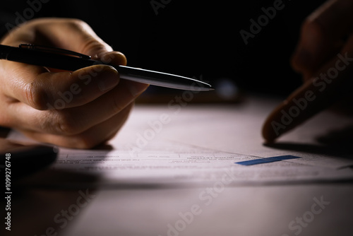 Fotografie Close-up of Hands Reviewing and Signing Documents in Low Light Office Environmen
