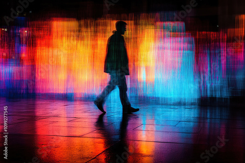 Silhouette of a man walking in the dark with bright rays of light under his feet. Generated by artificial intelligence
