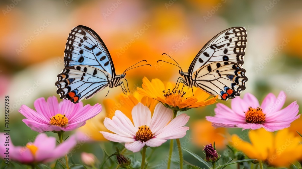 Fototapeta premium Colorful Butterflies Flitting Among Flowers