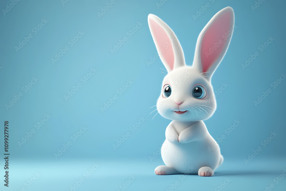 Fototapeta premium A cute, cartoon-style white rabbit with large ears and expressive eyes on a blue background.