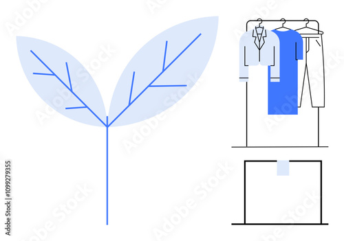 Blue leafy plant alongside hanging clothes on a rack. Ideal for sustainability, fashion, eco-friendly, minimalism, nature design and lifestyle themes. Line metaphor. Simple line icons