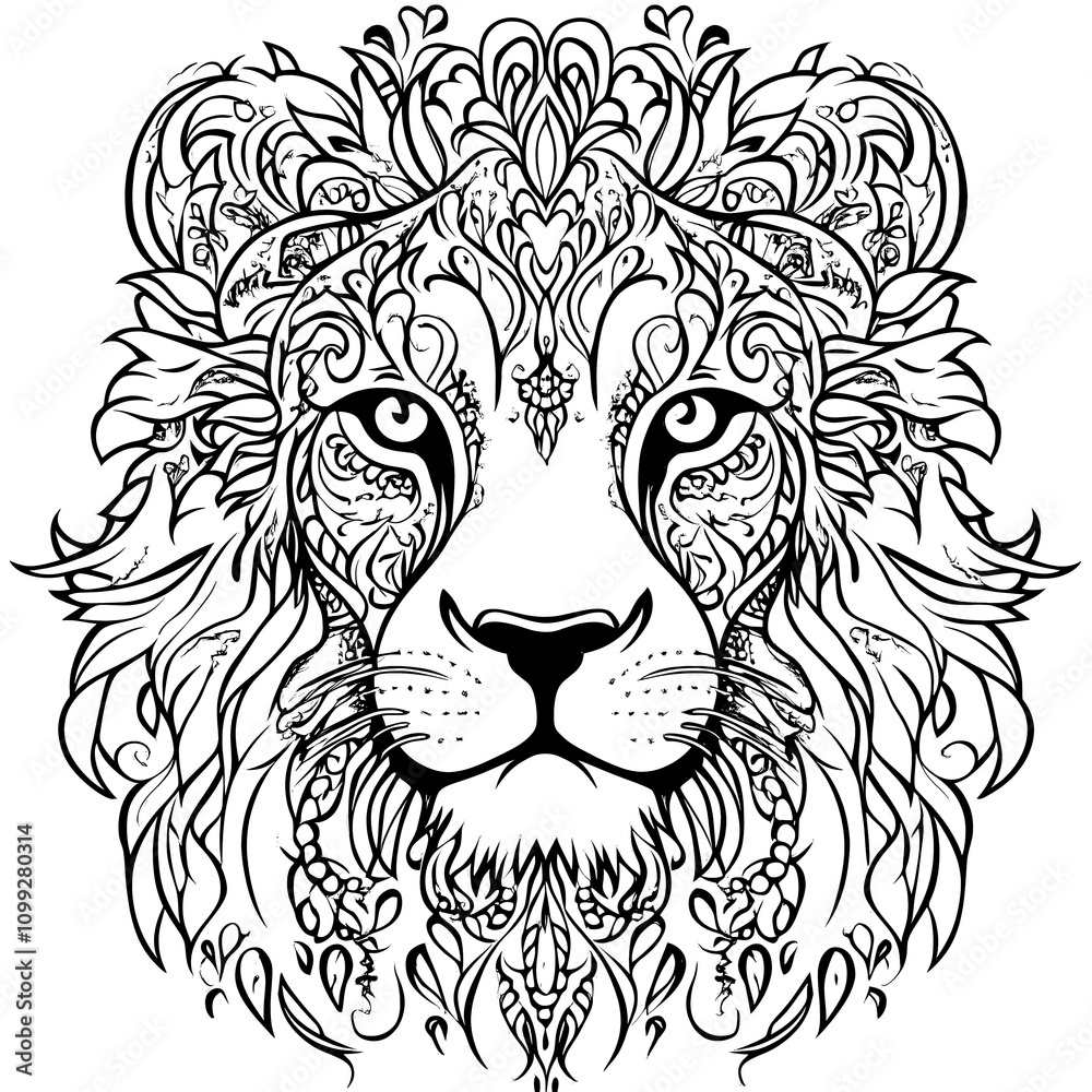 Fototapeta premium Ornate Lion Head Line Art Illustration 