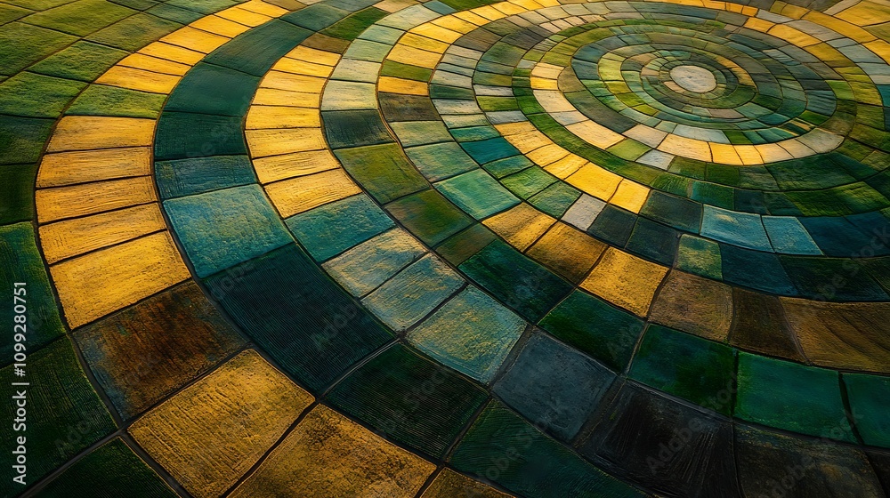 Fototapeta premium Aerial view of expansive farmland with circular irrigation patterns, vibrant green and brown sections forming intricate geometric designs, sunlight casting bright highlights,