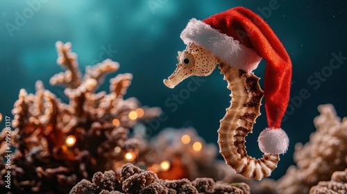 A festive seahorse wearing a Santa hat swims among coral, creating a whimsical underwater holiday scene.