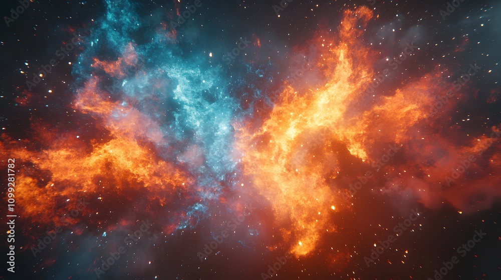 Obraz premium Fiery nebula in space with vibrant orange and blue hues.