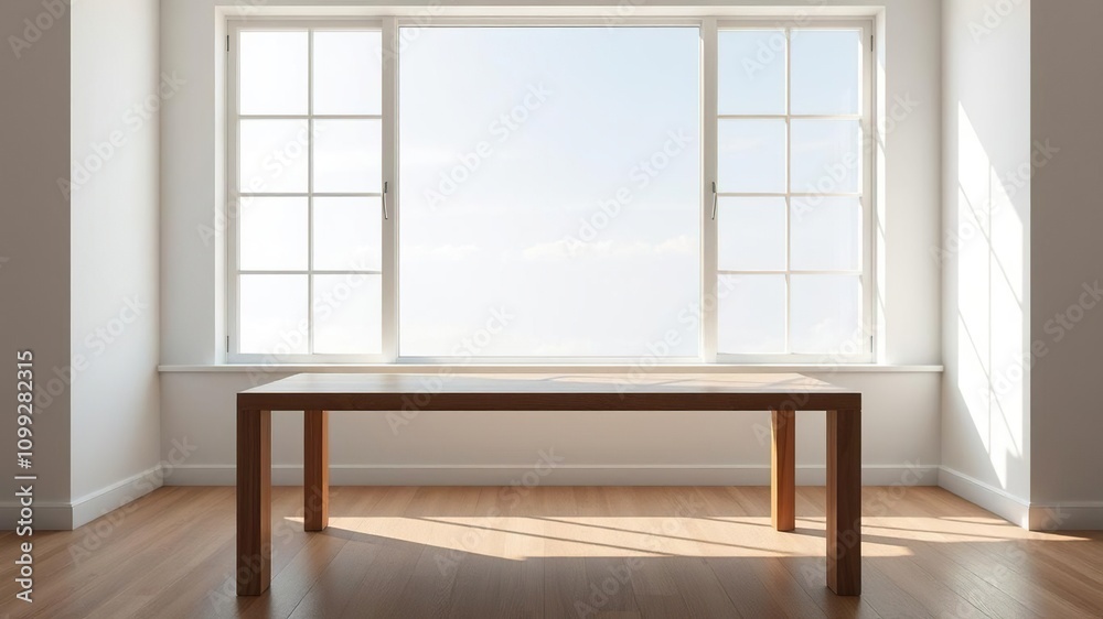 Obraz premium A minimalist wooden table is placed under a large window creating a sense of openness and allowing natural light to flood the space, airy feel, minimalist decor