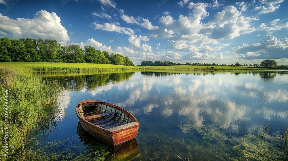 Fototapeta premium Bird’s-eye view of a tranquil farm pond, clear reflections of the surrounding trees and blue sky, vibrant green fields extending into the distance, rippling water adding texture,
