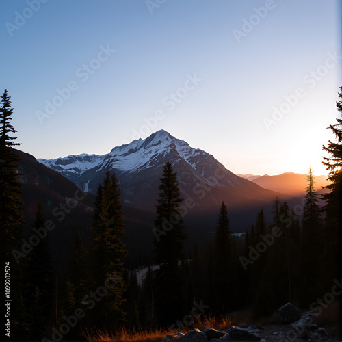 Scenic view of snowcapped mountain in Banff National Park during sunset photo