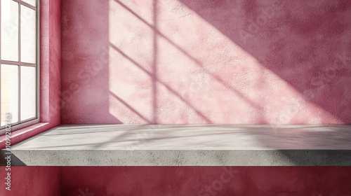 3D realistic gray tabletop on pink wall background for product presentation. Empty concrete countertop with window shadow overlay. Clean mockup for beauty advertisement design illustration.