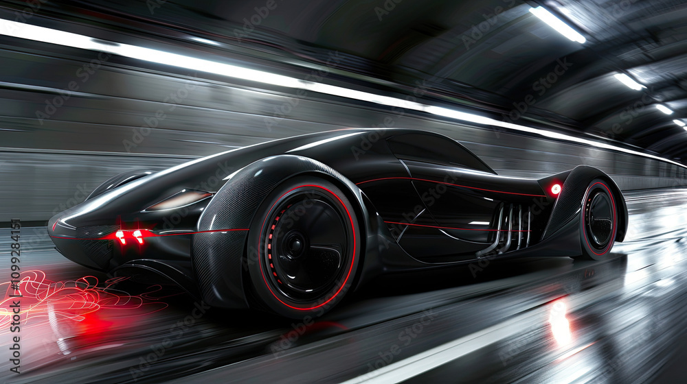 Fototapeta premium Sleek Sports Car with Glowing Red Accents in Rainy Tunnel