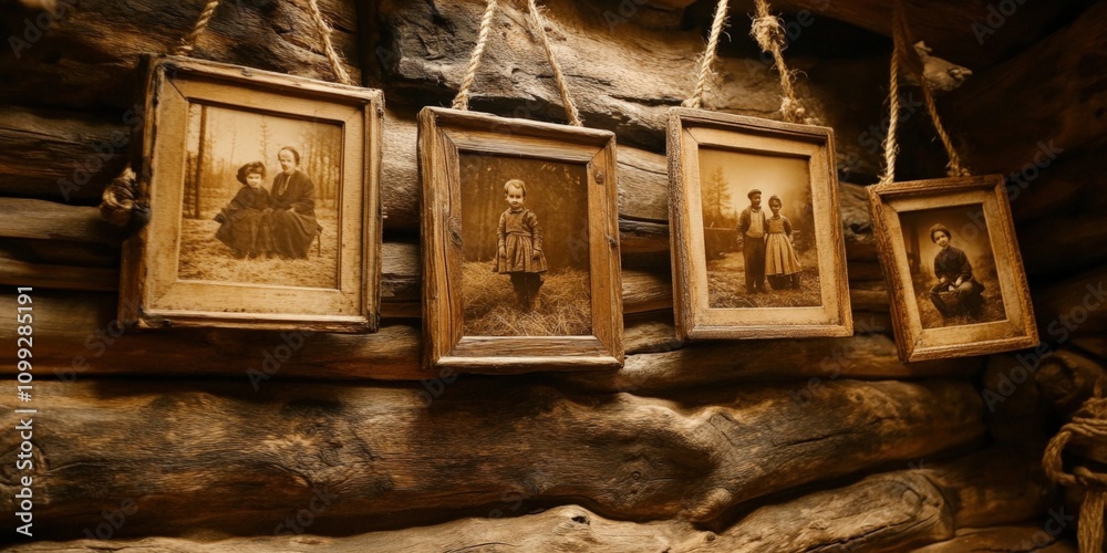 Fototapeta premium Vintage sepia framed family portraits. Framed antique photos of memories. Nostalgia with rustic style. Timeless with a historical context. Ideal for galleries and exhibitions.