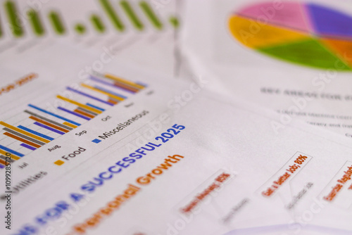 A desk filled with financial charts and graphs, outlining strategies for a successful 2025