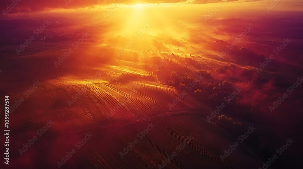 Obraz premium High-altitude view of farmland basking in the golden sunset glow, the sky a blend of orange, pink, and purple, shadows creating a dynamic contrast across the fields, detailed textures,