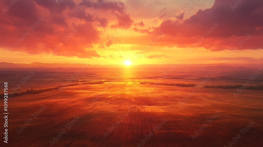 Obraz premium High-altitude view of farmland basking in the golden sunset glow, the sky a blend of orange, pink, and purple, shadows creating a dynamic contrast across the fields, detailed textures,