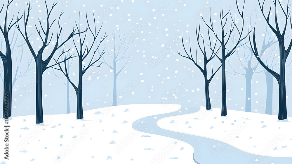 Fototapeta premium Snowy winter landscape with leafless trees and a winding stream.