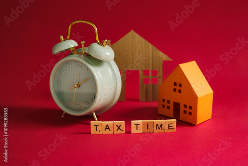 A vintage alarm clock set to 12 o'clock, positioned alongside paper house models and letter tiles spelling out 