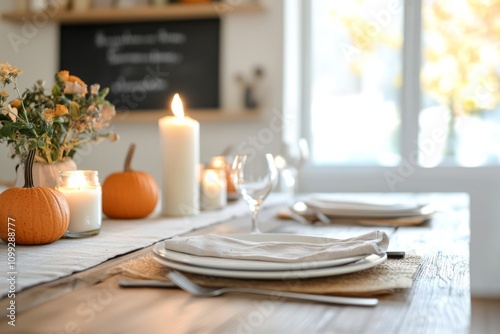 A traditional Thanksgiving table with fine white plates and cloth napkins. A centerpiece
