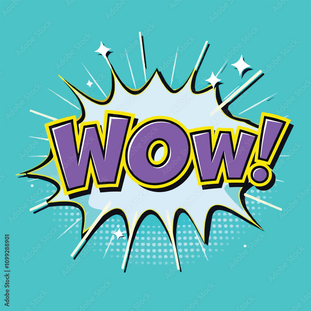 Fototapeta premium Retro comic book wow speech bubble, vintage pop art explosion with halftone dots, purple bold text on turquoise background, expressive cartoon shout for marketing and social media eps