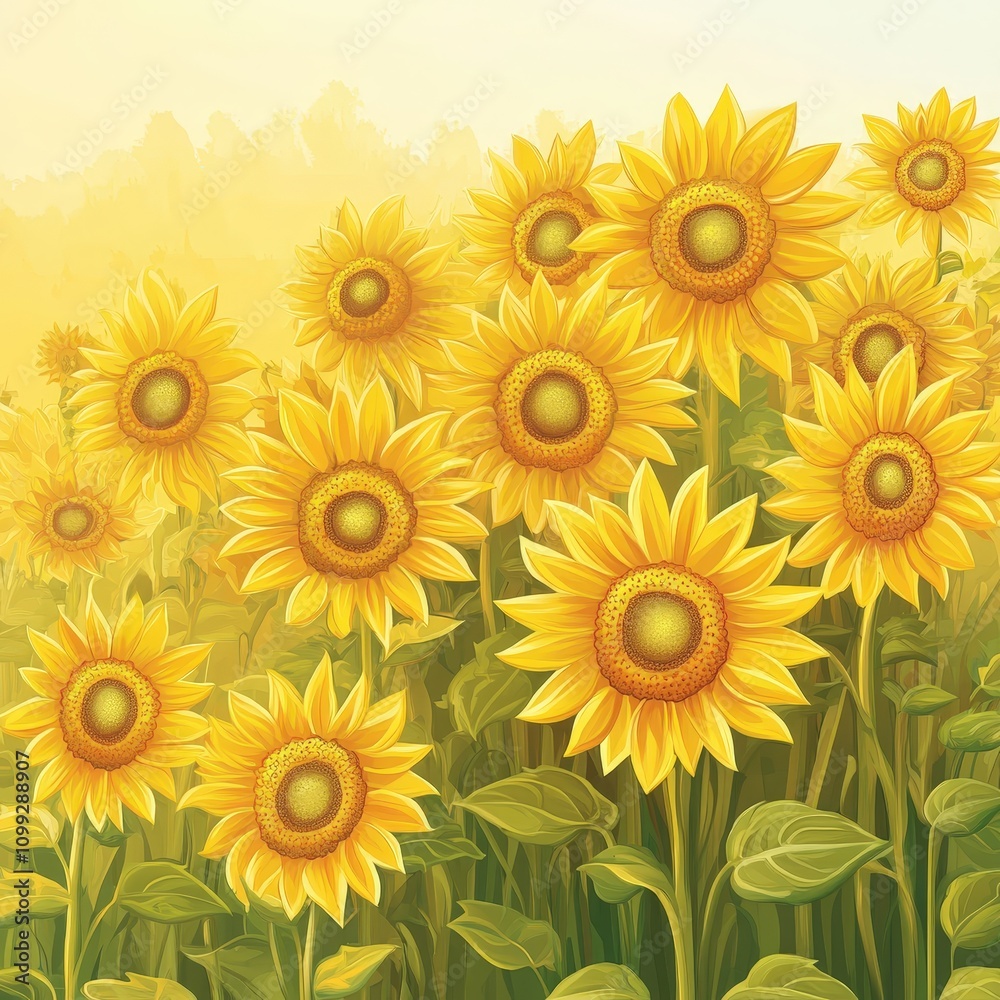 Obraz premium Vibrant Sunflower Field Stretching Under Warm Golden Sunlight with Soft Background Hues and Lush Green Leaves, Capturing Nature's Breathtaking Beauty and Tranquility