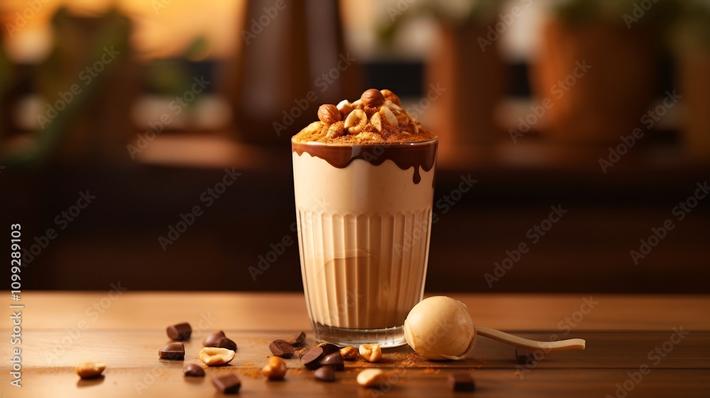 Obraz premium Closeup of a creamy peanut butter smoothie cup set on a warm wooden kitchen counter with visible nut and chocolate details offering a delicious healthy and natural snack or refreshment option