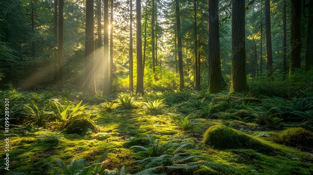 Obraz premium Sunbeams illuminate mossy forest floor, lush ferns, and tall trees.