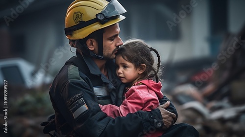 Compassionate rescue worker providing comfort and aid to a frightened child in the aftermath of a devastating natural disaster offering support and safety during a time of crisis and trauma