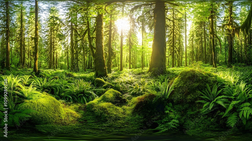 Obraz premium Sunlit lush green forest with moss covered ground and ferns.