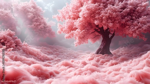 A pink forest with a pink tree in the middle