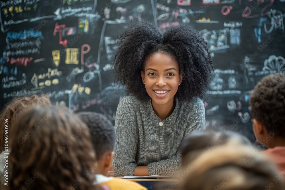 Black female teacher engaging students in active learning in a ...