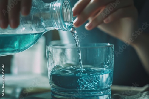 Pouring blue mouth wash into a glass for freshening breath after meals at home photo