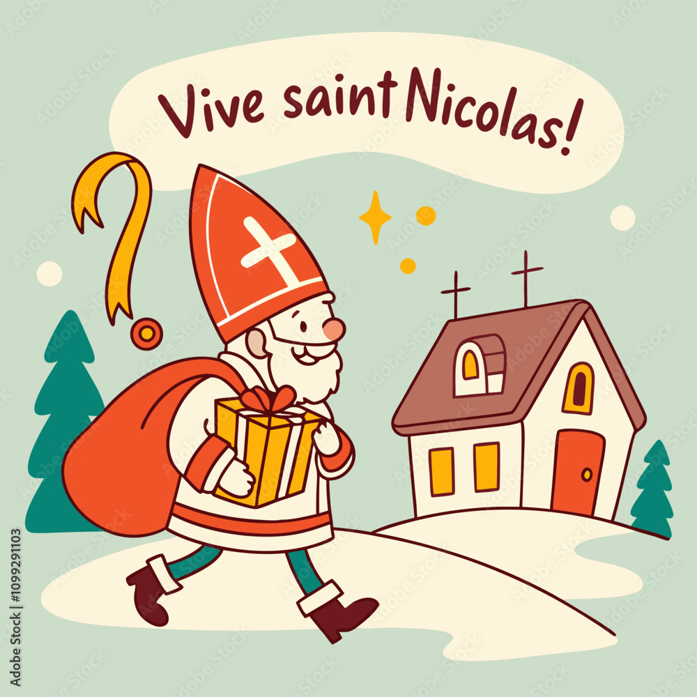Saint Nicolas portant un sac et un cadeau devant une maison