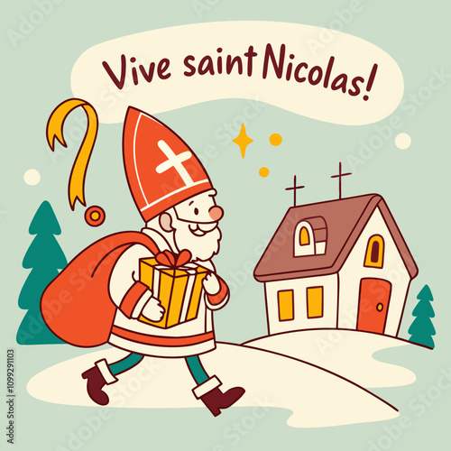 Saint Nicolas portant un sac et un cadeau devant une maison