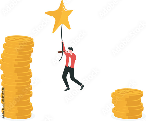 Job promotion, increase in salary to employees who consistently perform well or produce high quality work, career reward concept, Businessman flying with star balloon to higher pile of banknote.

