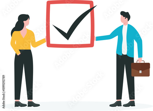 Task rechecking, review completed work to identify and correct error, carefulness in working concept, Businessman and woman with completed checkbox and circular arrows around.

