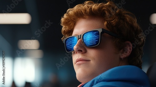 Young Man with Curly Red Hair Wearing Sunglasses Reflecting Digital Code, Capturing the Essence of Technology and Youthful Innovation in a Modern Environment