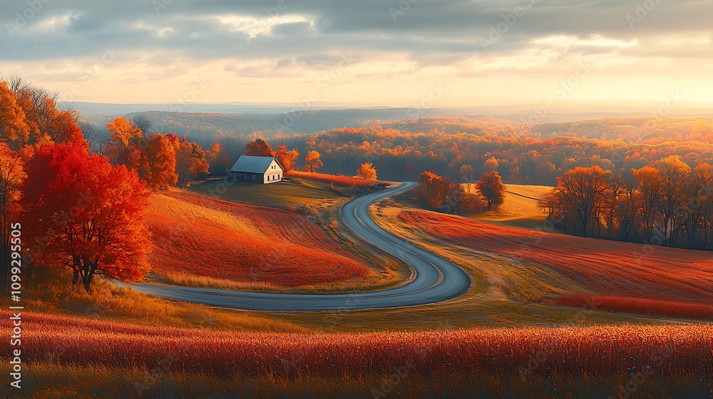 Fototapeta premium Panoramic aerial view of a countryside road winding through autumn-colored farm fields, vibrant hues of orange, red, and yellow, distant farmhouse visible under a hazy sky,