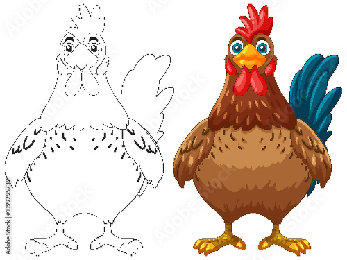 Colorful Rooster and Outline Illustration