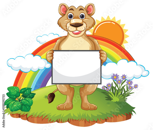 Lion with Sign in Colorful Landscape