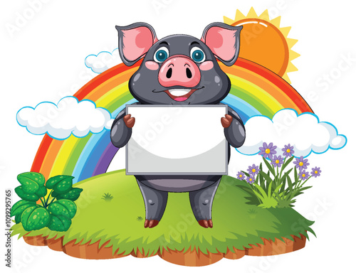 Happy Pig with Rainbow Sign