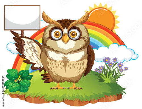 Owl with Rainbow and Sun Illustration