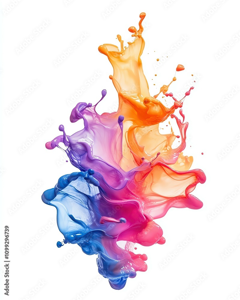 Obraz premium Vibrant powder explosion in purple, orange, and yellow hues, abstract colorful paint splash on white background ,Colorful ink splash creating vibrant visuals ,powder splash photography