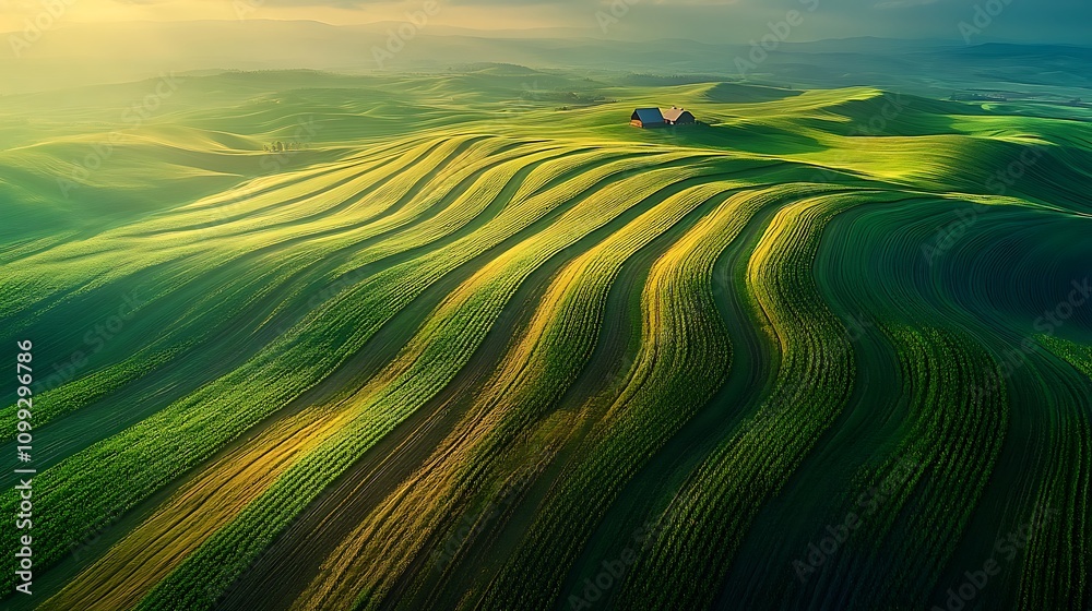 Obraz premium Panoramic aerial view of expansive farmland, rows of crops forming geometric patterns, a distant barn set against a vibrant blue sky, sunlight creating soft highlights, vivid and natural colors,