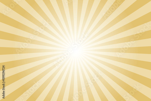 Sun ray vector background. Brass yellow radial beam sunrise or sunset light retro design illustration. Light sunburst glowing background.