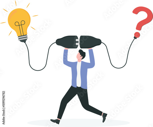 Solution solving problem, answer to hard question or creativity idea and innovation help business success, leadership to overcome difficulty, businessman connect question mark with lightbulb solution.