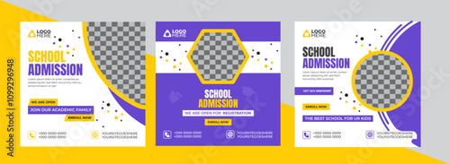 School admission social media post banner design. back to school social media post banner design set with purple and yellow color. Back to school admission promotion  template for social media post