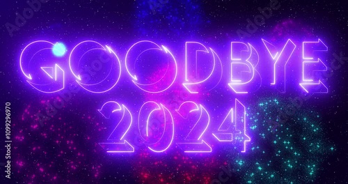 4K Goodbye 2024 welcome 2025 text cool neon animation for banner, social media, greeting card. Past year 2024 new year 2025 text animation with neon colorful fireworks. Easy to use in any video.
