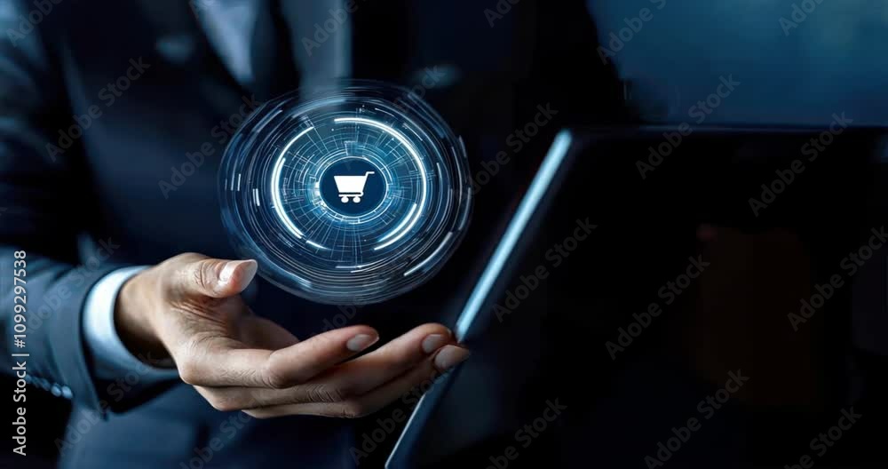 Businessman interacting with a digital power button surrounded by social media icons Concept of multi channel marketing, digital tracking, ecommerce strategies