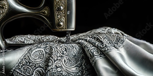 A close-up of a sewing machine working on an intricately patterned fabric. photo