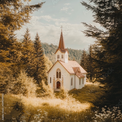 Serene Traditional Church Framed by Tall Trees in a Tranquil Forest Setting