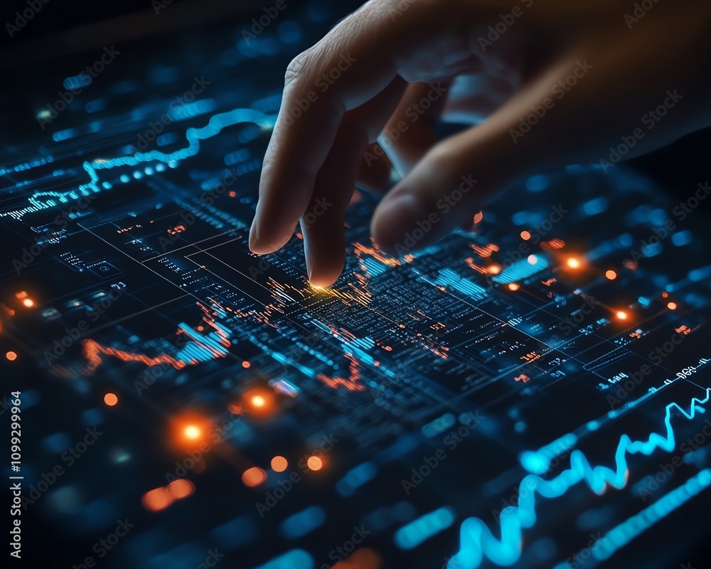 Naklejka premium Hand controlling digital financial charts and complex algorithmic lines on a hightech interface, futuristic and sleek design